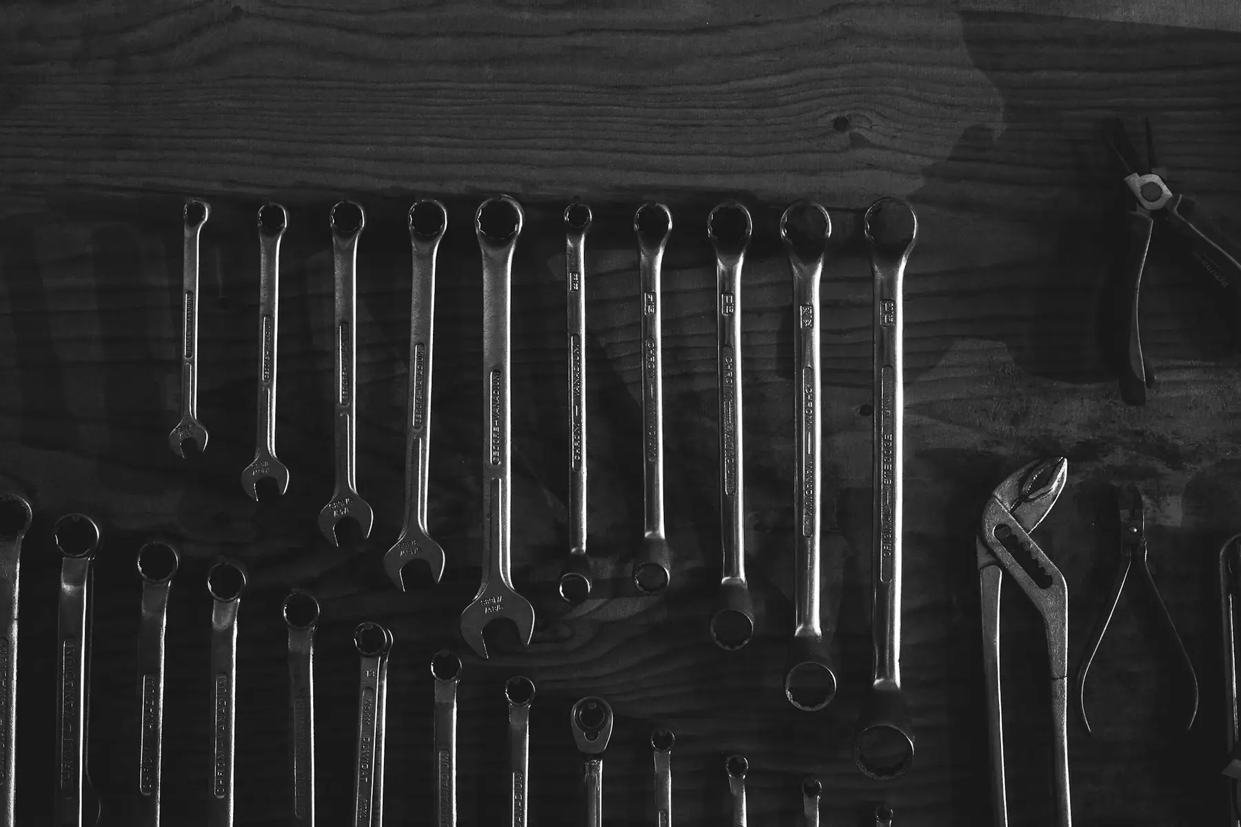 Wall of combination spanners in a workshop